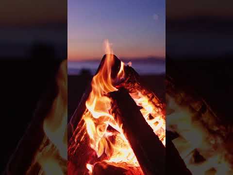 Close up of a campfire burning with logs, flames, and embers, set outdoors at dusk with a blurred landscape and sky in the background.