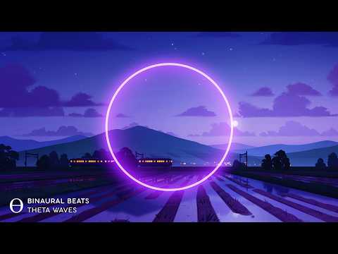 A glowing purple circle is centered over a stylized landscape with a train, fields, trees, and mountains at dusk, with "Binaural Beats Theta Waves" text in the corner.