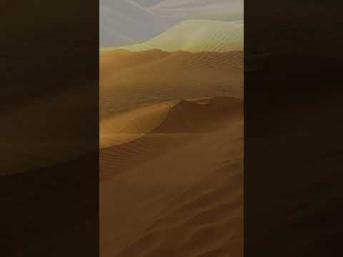 Sweeping view of sandy desert dunes under soft light, with subtle textures and ridges visible across the landscape.