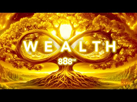 Golden tree with intertwined infinity symbol, glowing sun, and the word "WEALTH" overlaid, with "888 Hz" written below in a bright, surreal landscape.