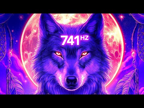 Illustration of a purple wolf with glowing eyes in front of a bright full moon, with "741 Hz" written on its forehead; dreamcatchers hang on both sides.