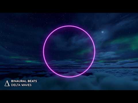 A glowing pink circle floats over clouds under a night sky with aurora and a moon. Text in the corner reads "Binaural Beats Delta Waves.