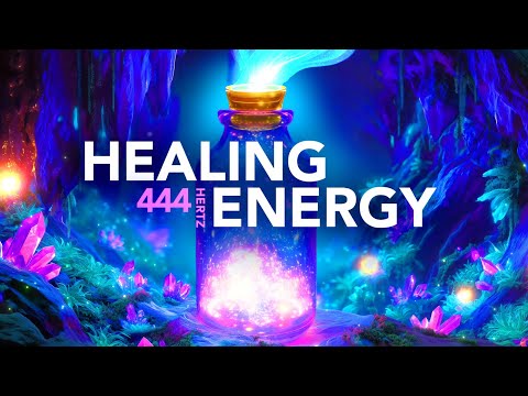 A glowing bottle emitting blue and purple light sits among luminous crystals, with the text "HEALING ENERGY 444 HERTZ" displayed prominently in the center.