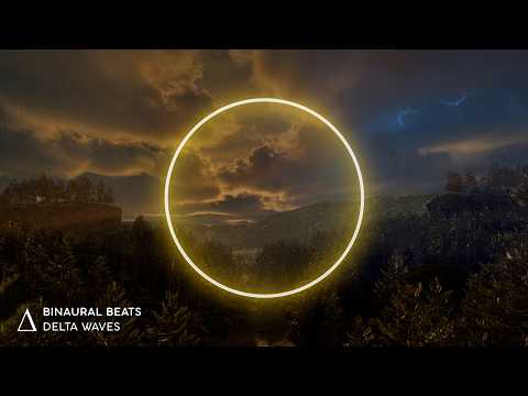 A glowing yellow ring is centered over a landscape of dark trees and hills at sunset, with "Binaural Beats" and "Delta Waves" text in the lower left corner.