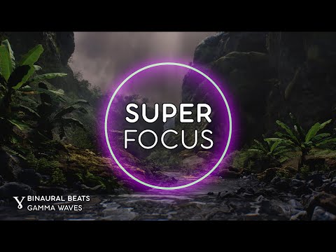A glowing purple circle with the words "SUPER FOCUS" overlays a lush, green jungle scene; text at the bottom reads "Binaural Beats Gamma Waves.