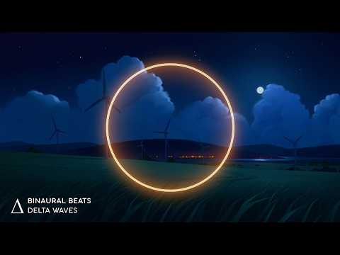 Animated night landscape with wind turbines, a glowing circle in the center, clouds, a full moon, and text reading "BINAURAL BEATS DELTA WAVES" in the lower left corner.
