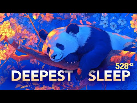 A panda sleeps on a tree branch surrounded by flowers with the text "Deepest Sleep 528 Hz" overlaid on the image.
