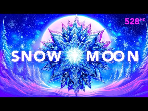Digital artwork of a large, intricate snowflake in front of a glowing full moon, with the words "Snow Moon" and "528 Hz" overlaid, set in a snowy forest scene.