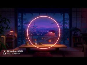 A cosy room with a low table overlooks a cityscape with a pagoda at dusk; a glowing neon ring is superimposed in the centre. Text reads: "Binaural Beats Delta Waves.