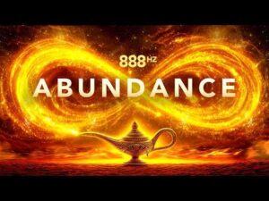 A glowing golden infinity symbol and the text "888 Hz Abundance" appear above an ornate lamp on a fiery background.