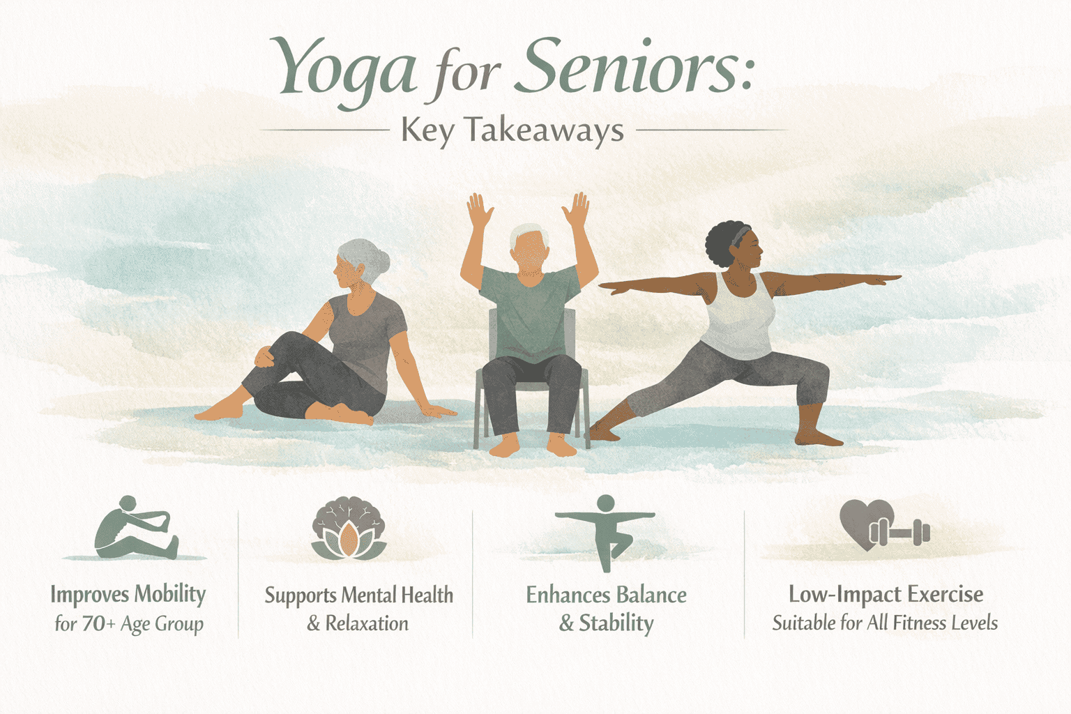 Key Takeaways infographic for 'yoga for seniors' featuring a minimalist design with soft pastel watercolor background.