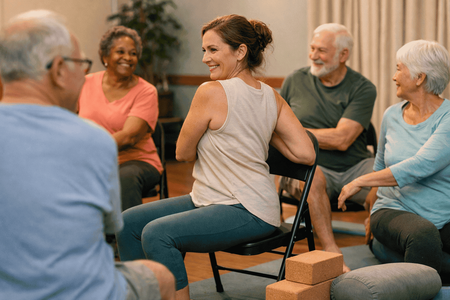 () close-up editorial photograph of a diverse group of seniors aged 65-80 seated in a semicircle on yoga mats and chairs in