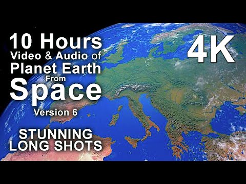 A satellite view of Europe from space with overlaid text advertising a 10 hour 4K video and audio of Planet Earth, highlighting stunning long shots.