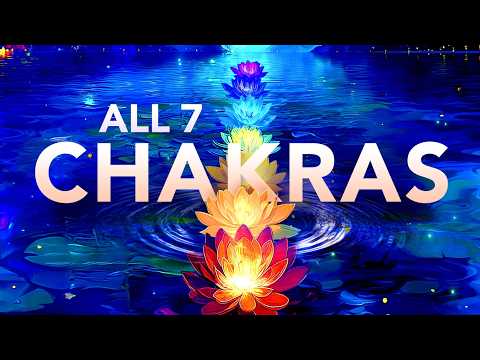 A digital illustration of seven colourful lotus flowers arranged on water, each representing a chakra, with the text "ALL 7 CHAKRAS" in large font across the image.