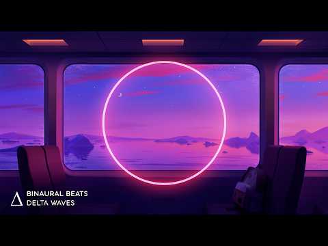 Interior of a train with empty seats, large windows showing a pink and purple sunset over water, crescent moon, and a glowing neon circle in the view. Text reads "Binaural Beats Delta Waves.