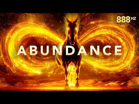 A glowing horse stands in front of a golden infinity symbol with the word "ABUNDANCE" and "888 Hz" written on the image.