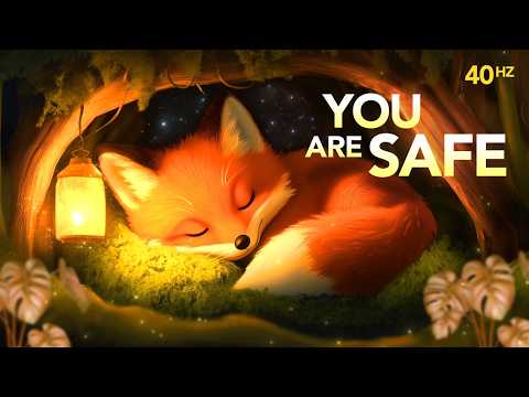 A fox is sleeping in a cosy burrow lit by a lantern, with the words “You are safe” and “40 Hz” displayed in the image.