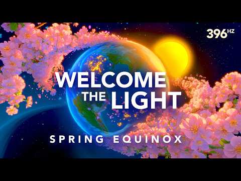 Illustration of Earth surrounded by pink cherry blossoms, with the sun in the background and text that reads "Welcome the Light, Spring Equinox, 396 Hz.