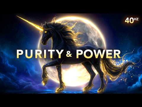 A glowing black unicorn with a golden horn stands in front of a full moon, with the words "PURITY & POWER" and "40 Hz" displayed over the image.