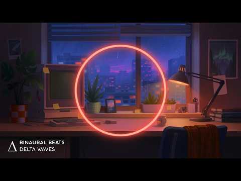 A neon circle glows above a desk with plants, books, and a lamp, set against a window showing a cityscape at dusk. Text reads "Binaural Beats Delta Waves".
