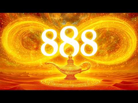 A glowing golden lamp sits in front of a bright number 888 and a large infinity symbol, all set against a shimmering golden background.