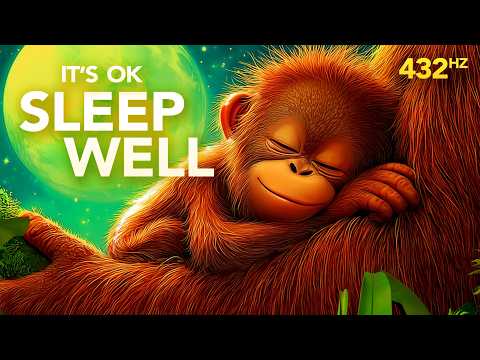 Illustration of a smiling baby orangutan sleeping against a tree with a green moon in the background. Text reads "It's OK SLEEP WELL 432Hz.