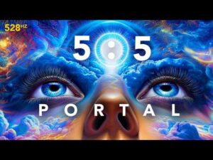 A surreal illustration of a face with glowing blue eyes gazing upwards, cosmic patterns, and the text "5:5 Portal" along with "528Hz" in the corner.