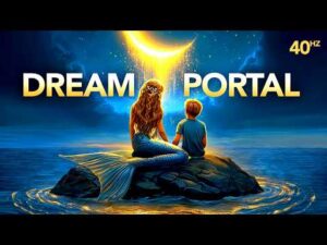 A mermaid and a child sit on a rock in the ocean, facing a bright crescent light in the sky with the words "DREAM PORTAL" above them and "40Hz" in the top right corner.