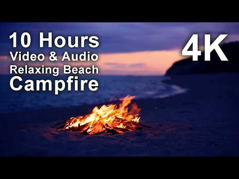 4K UHD 10 hours – Relaxing Beach Campfire at Sunset – mindfulness, ambience, meditation, nature