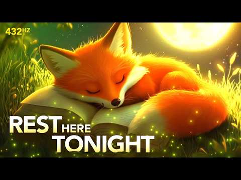 A fox sleeps on an open book in a grassy area at night, with a full moon in the background. Text reads: "REST HERE TONIGHT" and "432HZ.