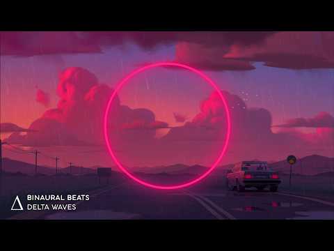 A car drives down an empty road at sunset with pink clouds and a glowing neon circle in the sky; text in the corner reads “BINAURAL BEATS DELTA WAVES”.