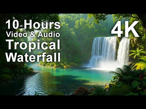 A lush tropical waterfall flows into a clear pool surrounded by green foliage, with text overlay stating "10 Hours Video & Audio Tropical Waterfall 4K.