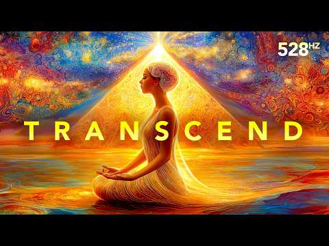 A person in a meditative pose sits before a glowing pyramid, surrounded by vibrant, swirling colours. The word "TRANSCEND" and "528 Hz" appear on the image.