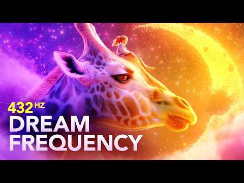 A girl sits on a giraffe’s head, floating among stars and a crescent moon, with text reading “432 Hz Dream Frequency”.