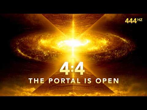 A glowing pyramid and swirling galaxy with bright light. Text reads "4:4 THE PORTAL IS OPEN" and "444 Hz" in the corner.