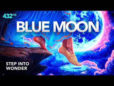 A figure with adorned feet steps off a cliff towards a glowing blue moon in a vibrant, fantastical night sky. Text reads "BLUE MOON," "432 Hz," and "STEP INTO WONDER.
