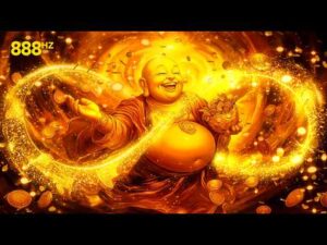 A golden, glowing depiction of the Laughing Buddha surrounded by coins, holding a bowl, with an infinity symbol made of sparkling light; "888Hz" appears in the top left corner.