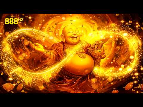 A golden, glowing depiction of the Laughing Buddha surrounded by coins, holding a bowl, with an infinity symbol made of sparkling light; "888Hz" appears in the top left corner.
