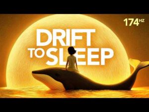 A person sits on a whale floating on water with a large glowing sun in the background. The text "Drift to Sleep 174 Hz" is displayed prominently.