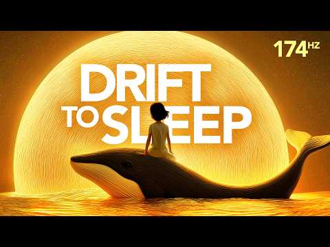 A person sits on a whale floating on water with a large glowing sun in the background. The text "Drift to Sleep 174 Hz" is displayed prominently.