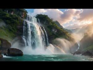 A wide waterfall cascades over rocky cliffs into a turquoise pool, surrounded by green vegetation, with mist and sunlight creating a faint rainbow.