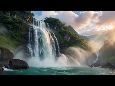 A wide waterfall cascades over rocky cliffs into a turquoise pool, surrounded by green vegetation, with mist and sunlight creating a faint rainbow.