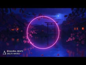 A neon pink circle glows over a tranquil night scene with cherry blossoms, water, a torii gate, distant houses, and a crescent moon. Text reads: "Binaural Beats Delta Waves.
