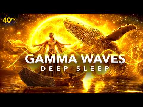 A glowing figure stands on a boat with outstretched arms, next to a whale, against a golden background with text: "40Hz GAMMA WAVES DEEP SLEEP.